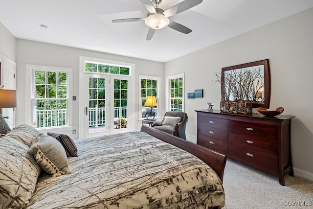 405 Elm Creek Dr, Manakin Sabot, VA 23103 - bedroom with access to exterior, light colored carpet, and ceiling fan