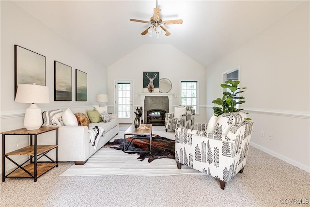 206 Northgate Ct, North Chesterfield, VA 23236 - living area with ceiling fan, a tile fireplace, vaulted ceiling, and carpet floors