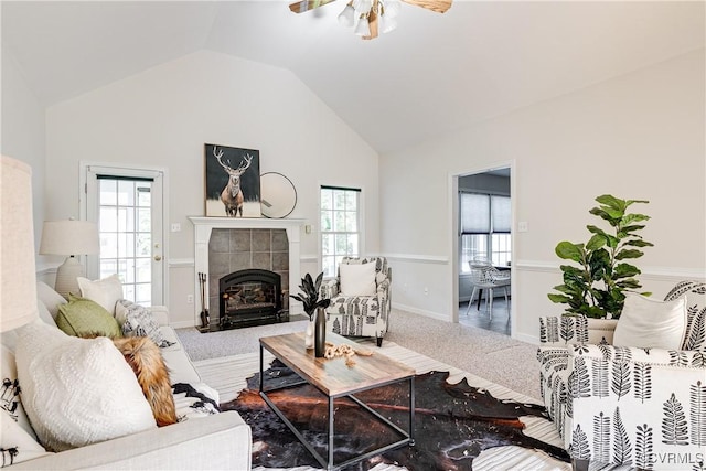 206 Northgate Ct, North Chesterfield, VA 23236 - carpeted living room with a ceiling fan, lofted ceiling, and a fireplace