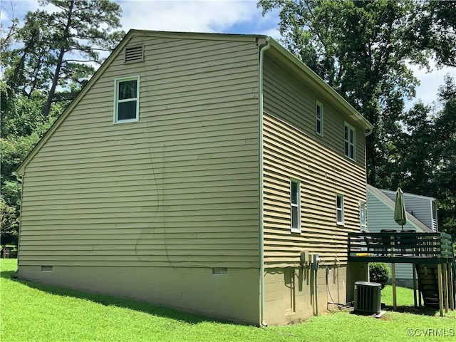 12400 Richmond St, Chesterfield, VA 23831 - view of home's exterior featuring crawl space, a wooden deck, and a lawn