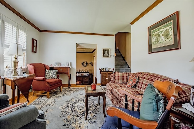 25014 James Ave, Dinwiddie, VA 23803 - living room with ornamental molding, wood finished floors, and stairway