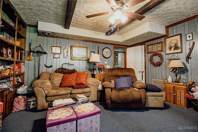 25014 James Ave, Dinwiddie, VA 23803 - living area with carpet floors, crown molding, ceiling fan, a textured ceiling, and wood walls
