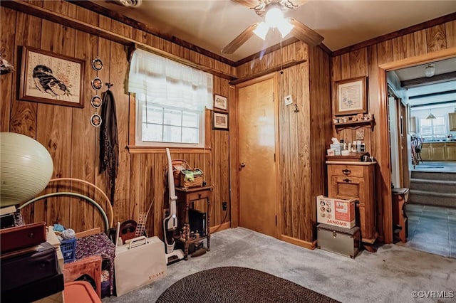 25014 James Ave, Dinwiddie, VA 23803 - living area featuring wooden walls, carpet flooring, a ceiling fan, and plenty of natural light