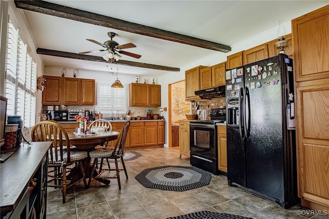 25014 James Ave, Dinwiddie, VA 23803 - kitchen featuring black appliances, a ceiling fan, beam ceiling, under cabinet range hood, and brown cabinetry