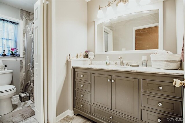 25014 James Ave, Dinwiddie, VA 23803 - full bath featuring vanity, a shower with shower curtain, and marble look tiles