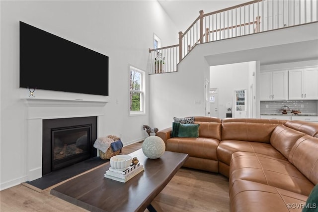 8507 Mckibben Dr, Chesterfield, VA 23838 - living area featuring light wood-style flooring, a towering ceiling, and a glass covered fireplace