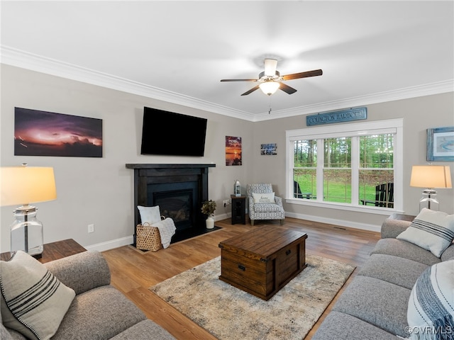 1270 Mill Quarter Rd, Powhatan, VA 23139 - living room featuring a ceiling fan, ornamental molding, a fireplace with flush hearth, and wood finished floors
