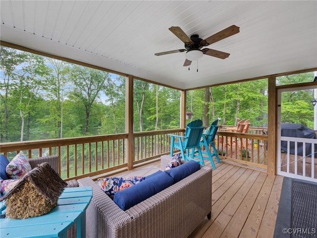 1270 Mill Quarter Rd, Powhatan, VA 23139 - sunroom / solarium with an outdoor hangout area, a ceiling fan, and view of scattered trees