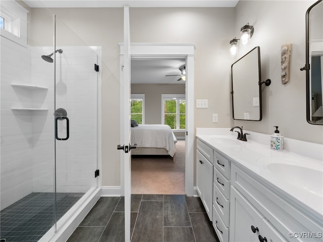 1270 Mill Quarter Rd, Powhatan, VA 23139 - ensuite bathroom with double vanity, ceiling fan, and a shower stall
