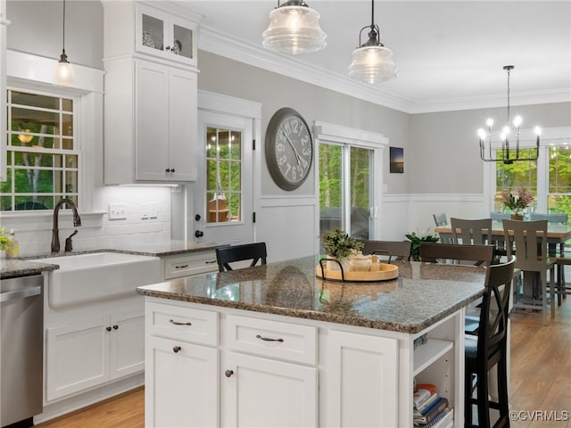 1270 Mill Quarter Rd, Powhatan, VA 23139 - kitchen featuring dishwasher, plenty of natural light, open shelves, light wood-type flooring, and ornamental molding