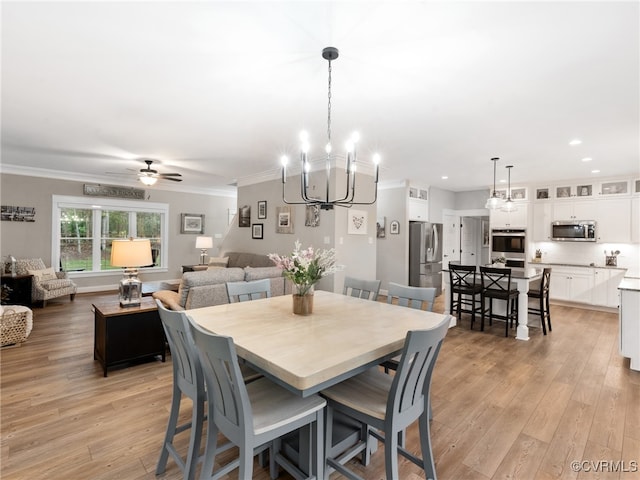 1270 Mill Quarter Rd, Powhatan, VA 23139 - dining space featuring a chandelier, ceiling fan, light wood-style floors, ornamental molding, and recessed lighting