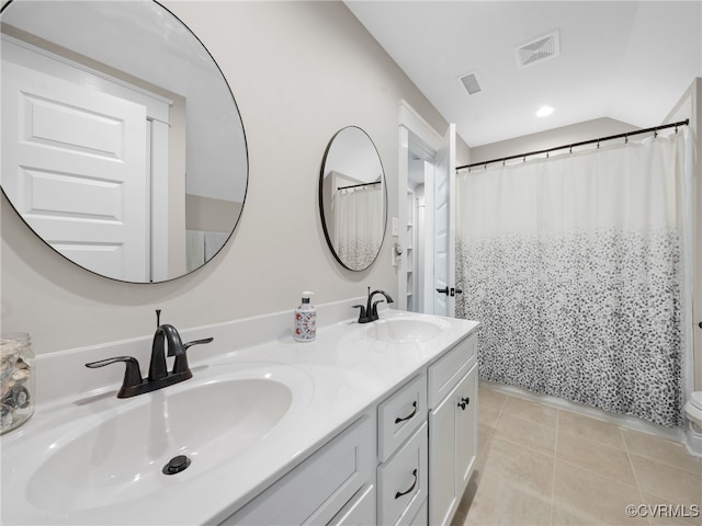 1270 Mill Quarter Rd, Powhatan, VA 23139 - bathroom with double vanity, tile patterned floors, curtained shower, and recessed lighting
