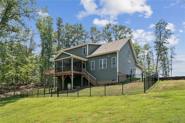 1270 Mill Quarter Rd, Powhatan, VA 23139 - back of property with a wooden deck, stairway, a ceiling fan, a fenced backyard, and a sunroom