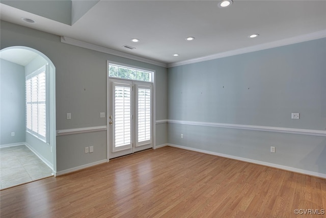 5027 Lewisetta Dr, Glen Allen, VA 23060 - empty room featuring arched walkways, crown molding, wood finished floors, and recessed lighting