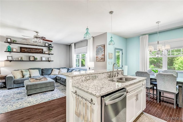 8300 Badestowe Ct, Chesterfield, VA 23832 - kitchen featuring dishwasher, light stone countertops, white cabinetry, hanging light fixtures, and open floor plan