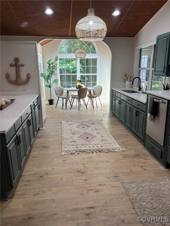 111 New S Rd, Lancaster, VA 22482 - kitchen featuring wood ceiling, dishwasher, light countertops, recessed lighting, and arched walkways
