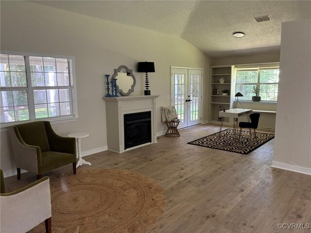 111 New S Rd, Lancaster, VA 22482 - living room featuring lofted ceiling, wood finished floors, a fireplace, healthy amount of natural light, and a textured ceiling