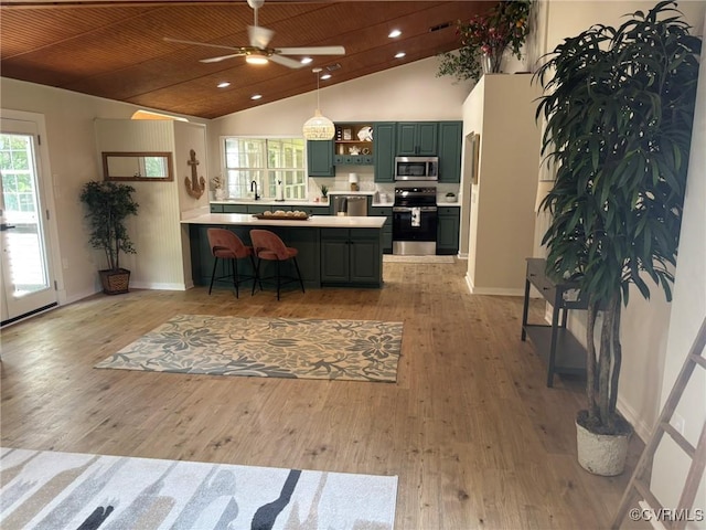 111 New S Rd, Lancaster, VA 22482 - kitchen featuring stainless steel appliances, green cabinetry, a peninsula, open shelves, and high vaulted ceiling