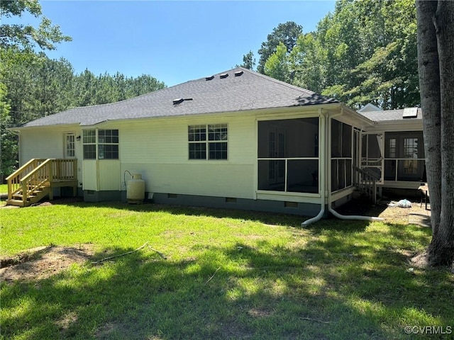 111 New S Rd, Lancaster, VA 22482 - rear view of house with crawl space, a sunroom, roof with shingles, and a lawn