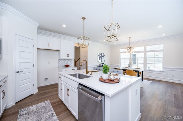10698 Skippers St, Glen Allen, VA 23059 - kitchen featuring dishwasher, a chandelier, dark wood-style floors, white cabinetry, and a kitchen island with sink