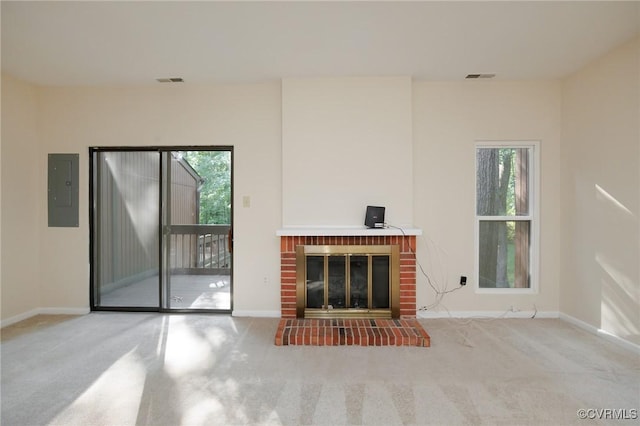 11808 N Briar Patch Dr, Midlothian, VA 22313 - unfurnished living room featuring electric panel, carpet floors, and a brick fireplace