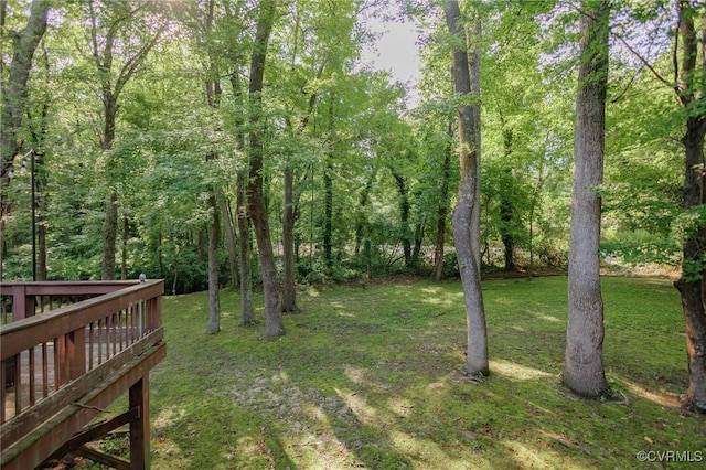 11808 N Briar Patch Dr, Midlothian, VA 22313 - view of grassy yard with a wooden deck and a view of trees