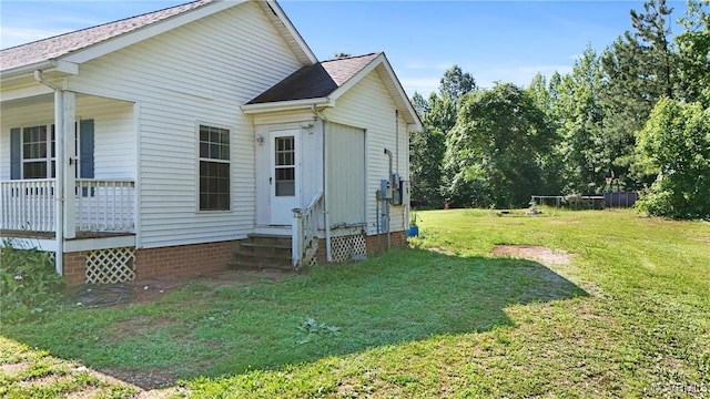 291 Briery Hills Dr, Meherrin, VA 23954 - view of home's exterior featuring entry steps, a yard, crawl space, a shingled roof, and a porch