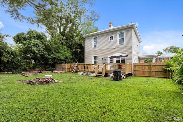 306 Hamilton Ave, Colonial Heights, VA 23834 - back of property with a fenced backyard, a deck, and a chimney