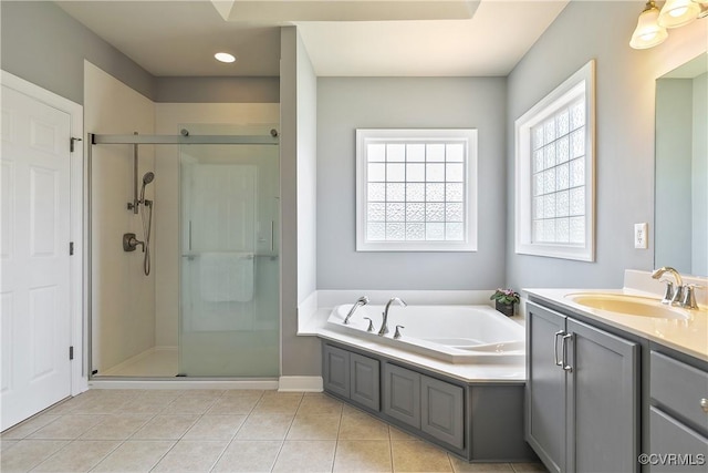 6430 Arwen Mews, Moseley, VA 23120 - full bathroom featuring a stall shower, vanity, a garden tub, tile patterned floors, and recessed lighting