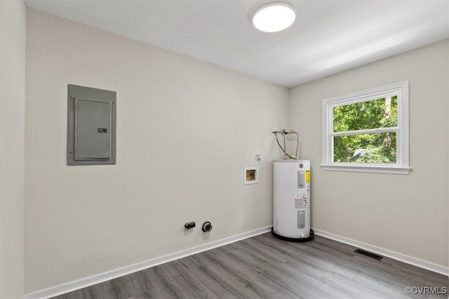 2718 Colgrave Rd, Chesterfield, VA 23112 - washroom featuring water heater, electric panel, dark wood-type flooring, and washer hookup