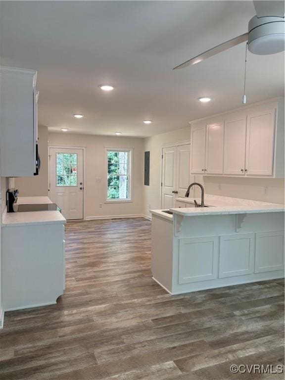 4006 Chesdin Blvd, Sutherland, VA 23885 - kitchen with dark wood-style flooring, light countertops, a peninsula, recessed lighting, and white cabinets