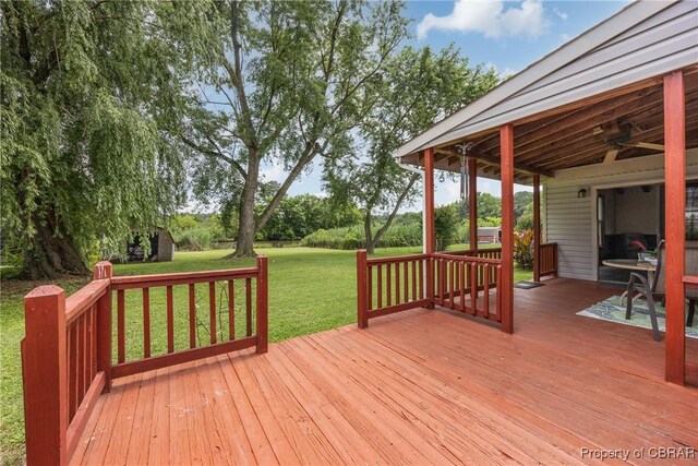 16 Diggs Dr, Hampton, VA 23666 - wooden terrace featuring a ceiling fan and a yard