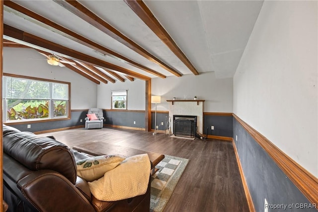 16 Diggs Dr, Hampton, VA 23666 - living room featuring wood finished floors, ceiling fan, wainscoting, and a fireplace