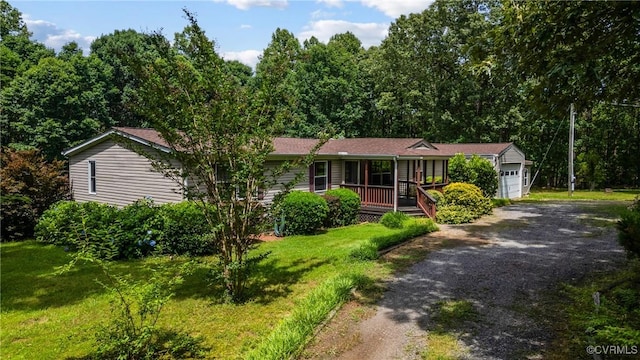 454 Elam Forest Dr, Prospect, VA 23960 - single story home with a garage, a porch, driveway, and a front lawn