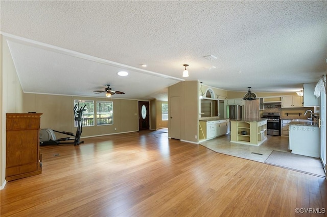 454 Elam Forest Dr, Prospect, VA 23960 - unfurnished living room with light wood-style floors, a textured ceiling, lofted ceiling, ceiling fan, and recessed lighting
