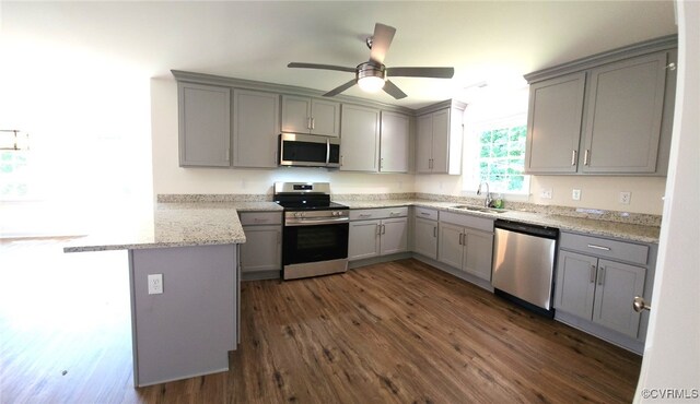3104 Aqua Ct, Richmond, VA 23230 - kitchen with stainless steel appliances, gray cabinetry, a peninsula, dark wood-style floors, and a ceiling fan