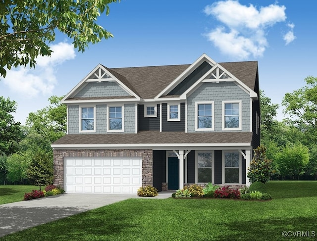 3719 Rocketts Ridge Dr, Sandy Hook, VA 23153 - craftsman house with a front yard, an attached garage, concrete driveway, and a shingled roof