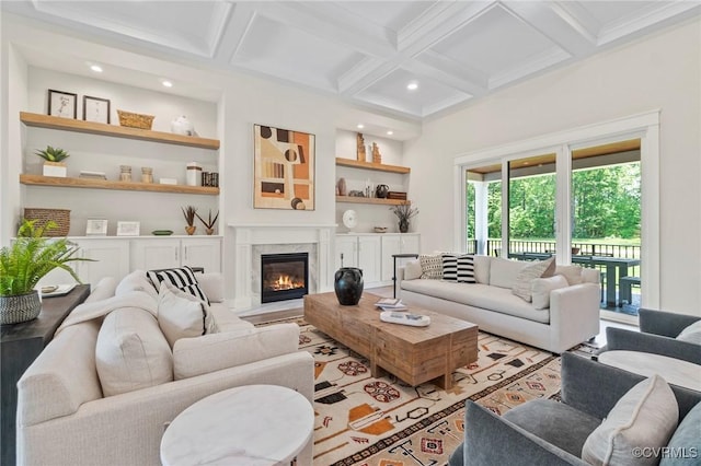 TBD Cedar Lane, Glen Allen, VA 23059 - living room featuring coffered ceiling, beamed ceiling, a high end fireplace, recessed lighting, and built in shelves