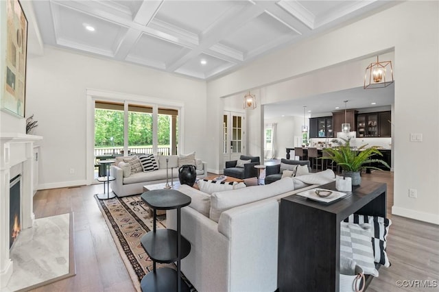 TBD Cedar Lane, Glen Allen, VA 23059 - living area with beam ceiling, a premium fireplace, coffered ceiling, light wood-style floors, and recessed lighting