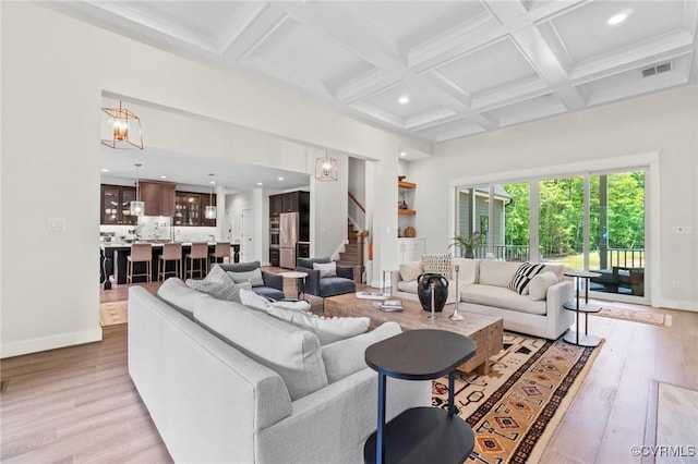 TBD Cedar Lane, Glen Allen, VA 23059 - living area with stairway, coffered ceiling, beamed ceiling, light wood-style floors, and recessed lighting