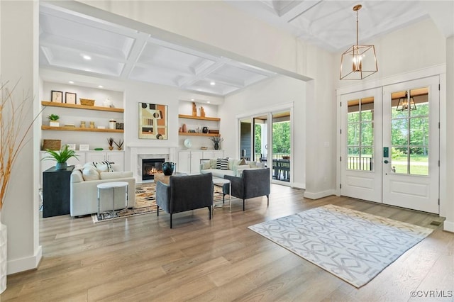 TBD Cedar Lane, Glen Allen, VA 23059 - entryway featuring coffered ceiling, french doors, light wood-type flooring, a glass covered fireplace, and recessed lighting