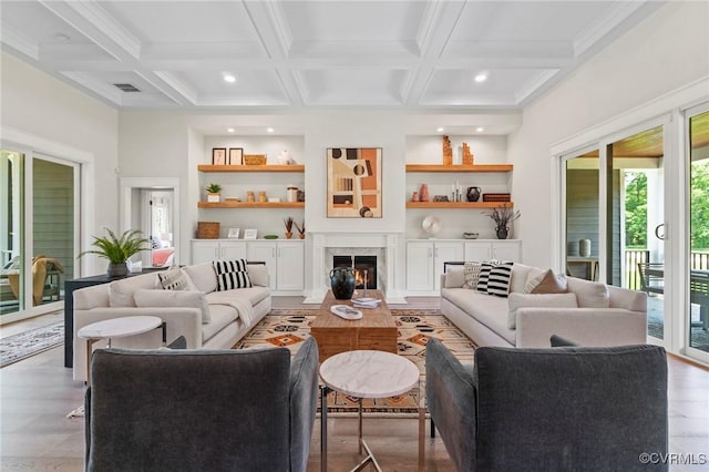 TBD Cedar Lane, Glen Allen, VA 23059 - living room with coffered ceiling, beam ceiling, wood finished floors, a high end fireplace, and recessed lighting