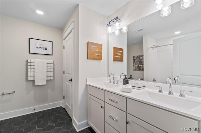 TBD Cedar Lane, Glen Allen, VA 23059 - bathroom with double vanity, tile patterned floors, a shower, and recessed lighting
