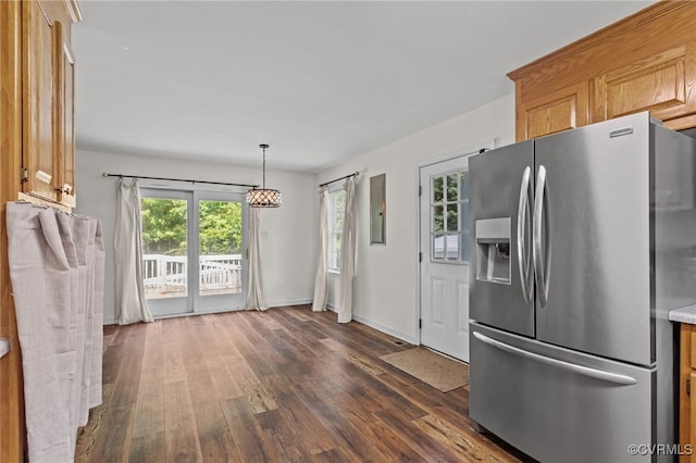 11501 Courthouse Rd, Dinwiddie, VA 23841 - kitchen featuring stainless steel fridge with ice dispenser, dark wood-style flooring, plenty of natural light, and electric panel