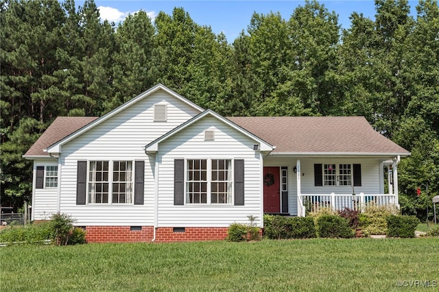 11501 Courthouse Rd, Dinwiddie, VA 23841 - ranch-style house featuring crawl space, covered porch, a front yard, and a shingled roof