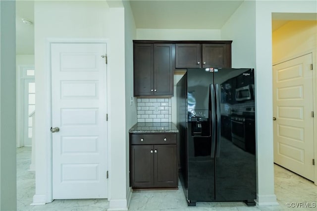 5311 Benmable Ct, Glen Allen, VA 23059 - kitchen featuring black fridge with ice dispenser, light marble finish flooring, stainless steel microwave, dark brown cabinetry, and stone countertops