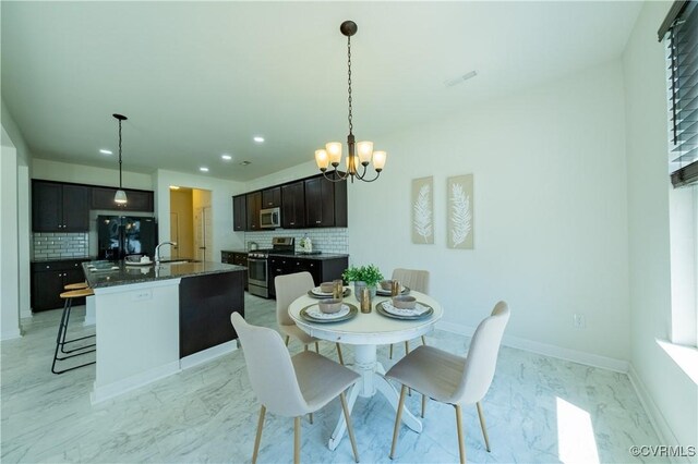 5311 Benmable Ct, Glen Allen, VA 23059 - dining area with light marble finish floors, a chandelier, and recessed lighting