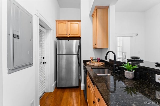 603 N Allen Ave Unit U1B, Richmond, VA 23220 - kitchen featuring stainless steel appliances, dark wood-style floors, dark stone counters, light brown cabinetry, and electric panel