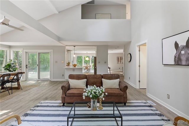 4458 Old Fox Trl, Chesterfield, VA 23112 - living area featuring light wood-style flooring, high vaulted ceiling, and a ceiling fan