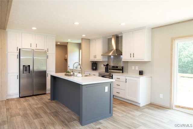 12 Sunset Ln, Rice, VA 23966 - kitchen featuring stainless steel appliances, wall chimney range hood, light countertops, decorative backsplash, and white cabinetry